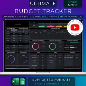 Könnte beinhalten: Ein Laptop-Bildschirm zeigt eine dunkel gehaltene Budget-Tracker-Tabelle mit Diagrammen und Grafiken. Die Tabelle enthält ein monatliches Dashboard, eine jährliche Zusammenfassung und ein Transaktionslog. Der Text "ULTIMATE BUDGET TRACKER" wird oben auf dem Bildschirm angezeigt. Der Text "SUPPORTED FORMATS Excel | Google Sheets" wird unten auf dem Bildschirm angezeigt.