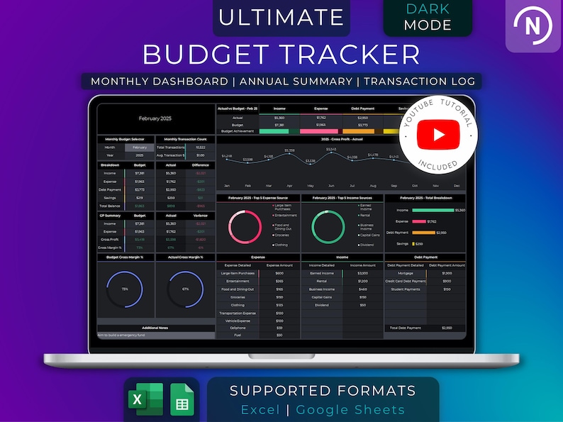 Op de afbeelding: Een laptopscherm dat een donker thema budgettracker-spreadsheet weergeeft met grafieken en diagrammen. De spreadsheet bevat een maandelijks dashboard, een jaarlijkse samenvatting en een transactielog. De tekst "ULTIMATE BUDGET TRACKER" wordt bovenaan het scherm weergegeven. De tekst "SUPPORTED FORMATS Excel | Google Sheets" wordt onderaan het scherm weergegeven.