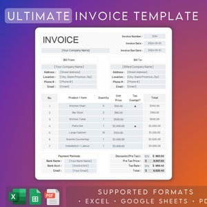 Może przedstawiać: Szary i biały szablon faktury z tytułem "Ultimate Invoice Template". Szablon zawiera sekcje dotyczące informacji o fakturze, szczegółów produktu, metod płatności i sum. Numer faktury to 1034, data wystawienia faktury to 2024-01-01, a data płatności faktury to 2024-01-31.