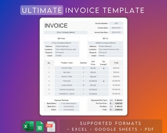 PDF Invoice Template | Google Sheets and Excel Invoice | Business Invoice Form | Printable Bill | Editable Invoice | Customizable Invoice