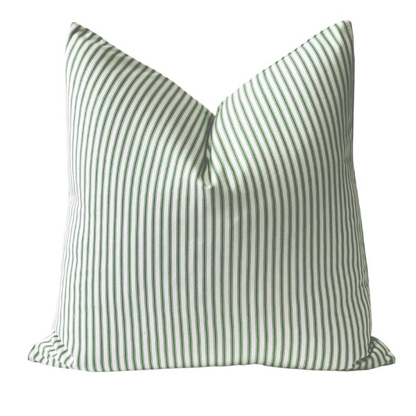 Green Ticking Stripe Pillow Cover, Green and White Plaid Pillow Cover, Christmas Throw Pillow, Holiday Throw Pillow, Modern Farmhouse, 20x20