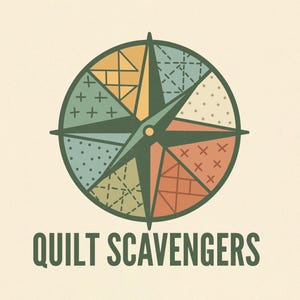 May include: A compass rose design featuring a patchwork quilt pattern in shades of green, orange, and yellow. The text "QUILT SCAVENGERS" is below the compass. The background is a light beige colour.