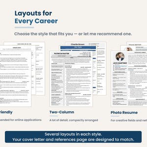 Three resume and cover letter layout options: ATS-friendly single column, two-column, and a resume with a photo, each with a matching cover letter and references page.