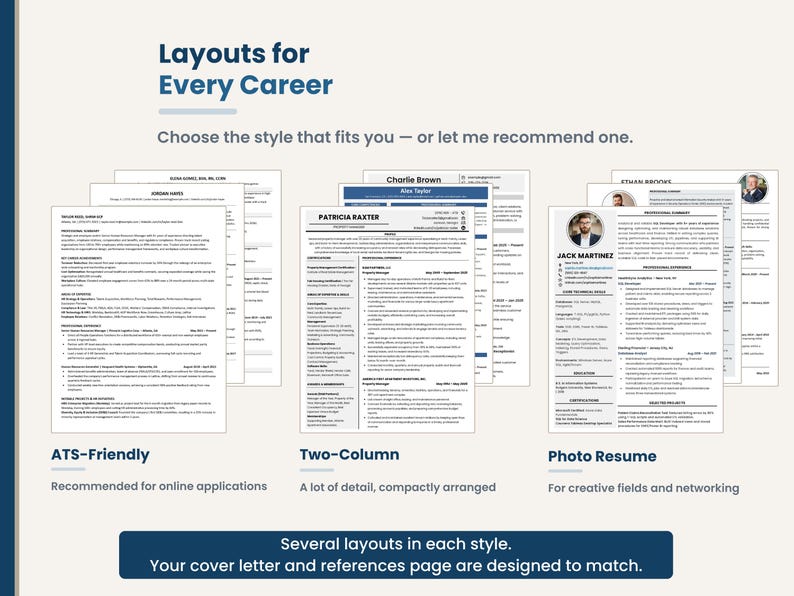 Three resume and cover letter layout options: ATS-friendly single column, two-column, and a resume with a photo, each with a matching cover letter and references page.