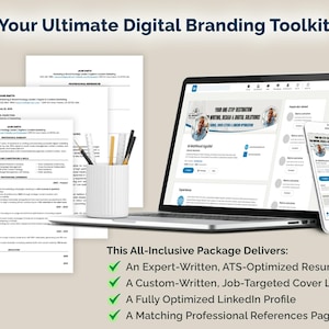 May include: A laptop, smartphone, and printed documents are displayed, showcasing a digital branding toolkit. The laptop and smartphone screens display a LinkedIn profile. The text reads "Your Ultimate Digital Branding Toolkit". The package delivers an expert-written resume, cover letter, LinkedIn profile, and references.