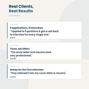 Five-star client reviews for a resume and cover letter writer, including a client who got interviews for 9 out of 9 job applications.