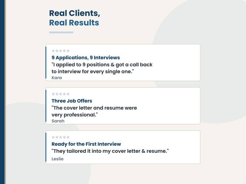 Five-star client reviews for a resume and cover letter writer, including a client who got interviews for 9 out of 9 job applications.