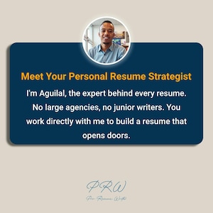 May include: A graphic with the text "Meet Your Personal Resume Strategist." It features a headshot of a smiling man and text stating, "I'm Aguilal, the expert behind every resume." The image is set against a light beige background.