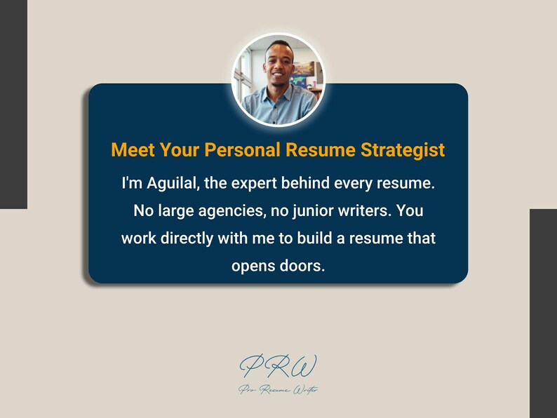 May include: A graphic with the text "Meet Your Personal Resume Strategist." It features a headshot of a smiling man and text stating, "I'm Aguilal, the expert behind every resume." The image is set against a light beige background.