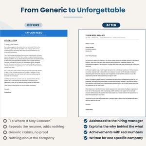 Before and after cover letter example: a generic "To Whom It May Concern" letter rewritten into a tailored cover letter addressed to the hiring manager with real achievements.