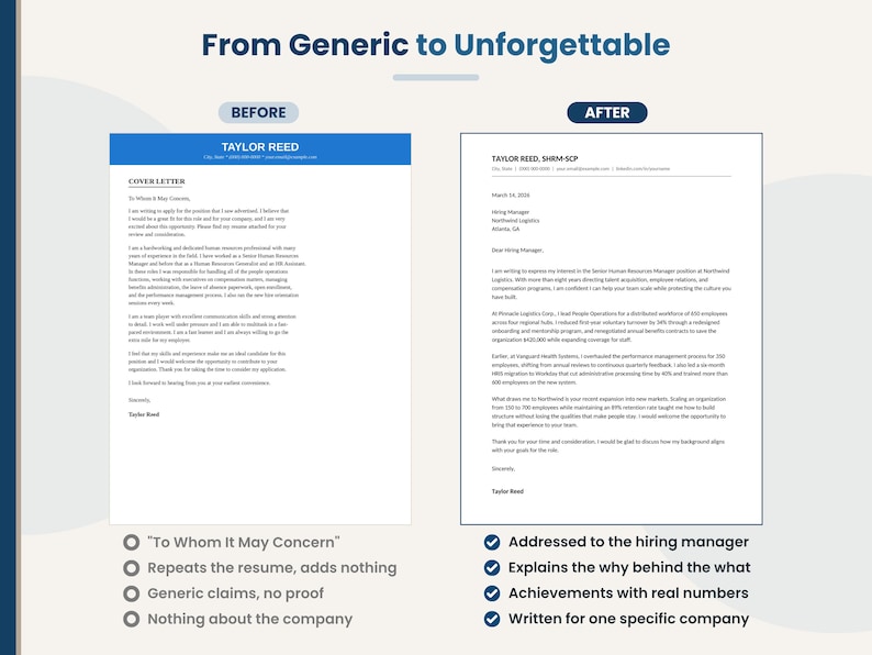 Before and after cover letter example: a generic "To Whom It May Concern" letter rewritten into a tailored cover letter addressed to the hiring manager with real achievements.