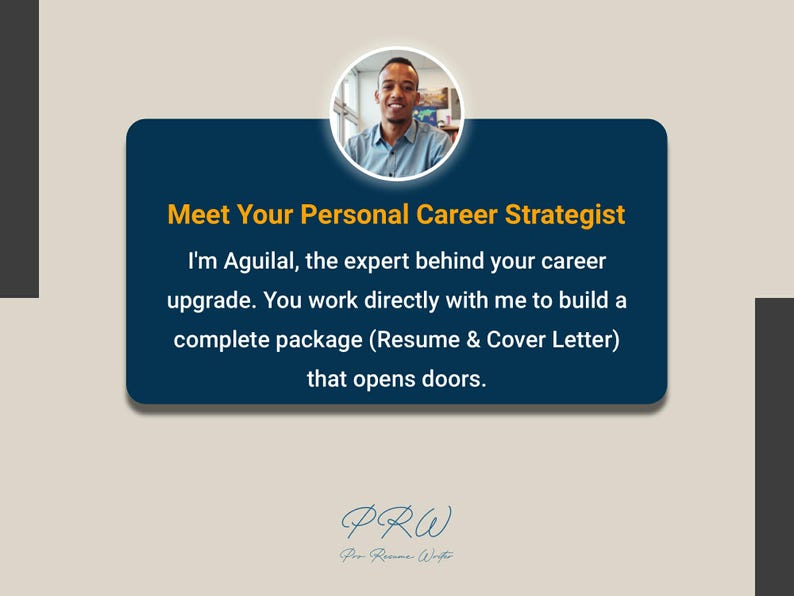 May include: A promotional graphic with the text "Meet Your Personal Career Strategist." It features a headshot of a man and text about career upgrades, resume and cover letter services.