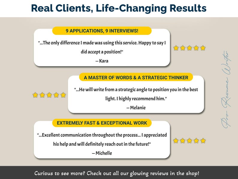 May include: A beige graphic with customer testimonials and star ratings. The text reads "Real Clients, Life-Changing Results." It includes the phrases "9 APPLICATIONS, 9 INTERVIEWS!" and "EXTREMELY FAST & EXCEPTIONAL WORK."
