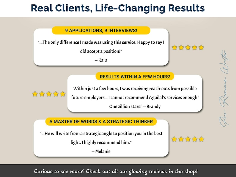 May include: Image showcasing client testimonials with the text "Real Clients, Life-Changing Results." The image includes three customer reviews with star ratings, highlighting positive experiences and results from a resume writing service.
