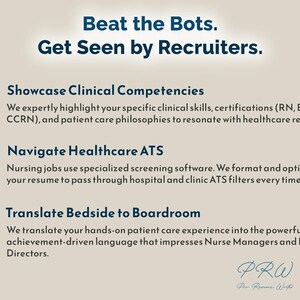 May include: Cream-colored graphic with text: "Beat the Bots. Get Seen by Recruiters." Includes bullet points about showcasing clinical competencies, navigating healthcare ATS, and translating bedside to boardroom. Signature at the bottom.