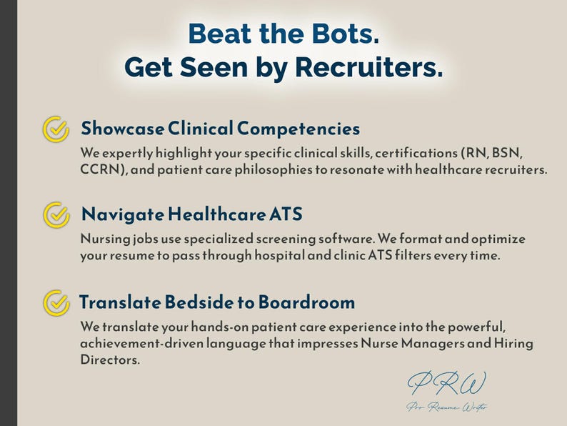 May include: Cream-colored graphic with text: "Beat the Bots. Get Seen by Recruiters." Includes bullet points about showcasing clinical competencies, navigating healthcare ATS, and translating bedside to boardroom. Signature at the bottom.