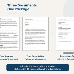 Three matching career documents: an ATS-optimized resume, a cover letter tailored to the job, and a free references page, delivered as editable Word and PDF files.