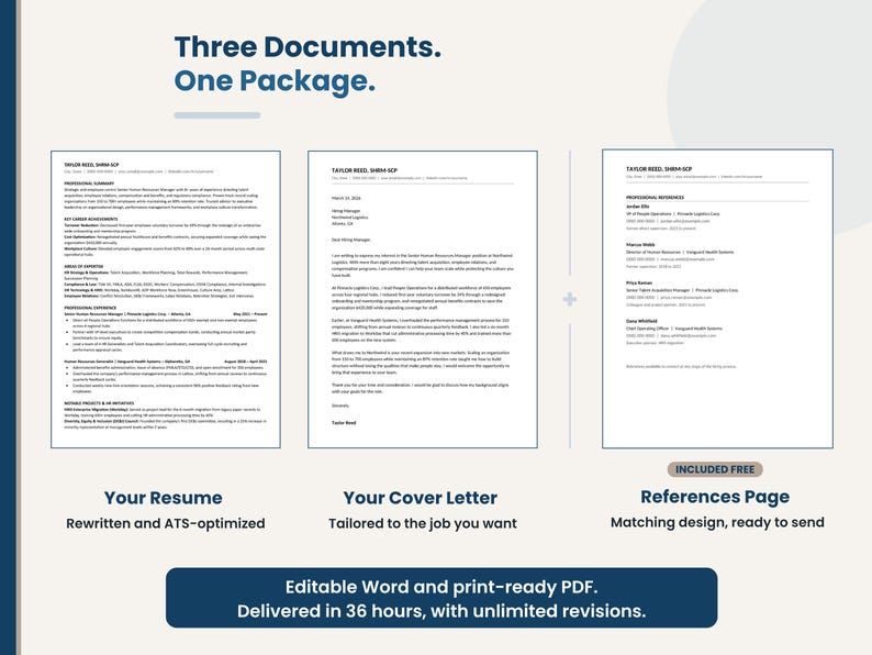 Three matching career documents: an ATS-optimized resume, a cover letter tailored to the job, and a free references page, delivered as editable Word and PDF files.