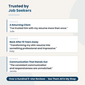 Five-star reviews from returning clients praising consistent communication and a slim resume transformed into something professional and impressive.