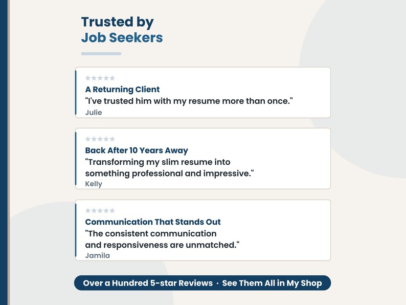Five-star reviews from returning clients praising consistent communication and a slim resume transformed into something professional and impressive.