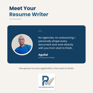 Meet Aguilal, the writer behind Pro Resume Writer, who personally writes every resume and cover letter with no agencies or outsourcing.