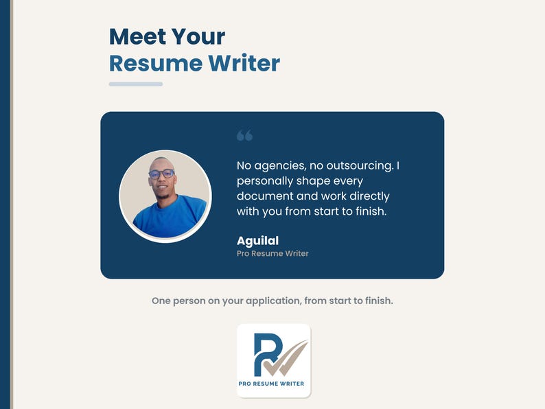 Meet Aguilal, the writer behind Pro Resume Writer, who personally writes every resume and cover letter with no agencies or outsourcing.