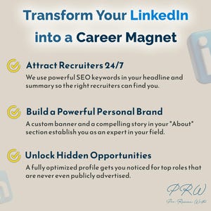 May include: A promotional graphic with the text "Transform Your LinkedIn into a Career Magnet." It highlights attracting recruiters, building a personal brand, and unlocking opportunities. Includes LinkedIn logo and signature.