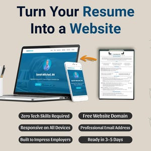 Op de afbeelding: Afbeelding die diensten promoot om cv's om te zetten in websites. Een laptop en smartphone tonen een website, met een cv op een klembord. Tekst bevat "Maak van uw cv een website" en "Klaar in 3-5 dagen."