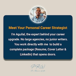 May include: A navy blue rectangular graphic with the text "Meet Your Personal Career Strategist" and a headshot of a smiling man. The text below states the services offered, including resume and cover letter writing.