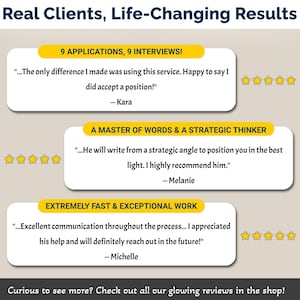 May include: A beige graphic with text that reads "Real Clients, Life-Changing Results." It features three customer testimonials in white boxes with yellow headers and star ratings. The shop name "Pro Resume Writer" is in the top right corner.