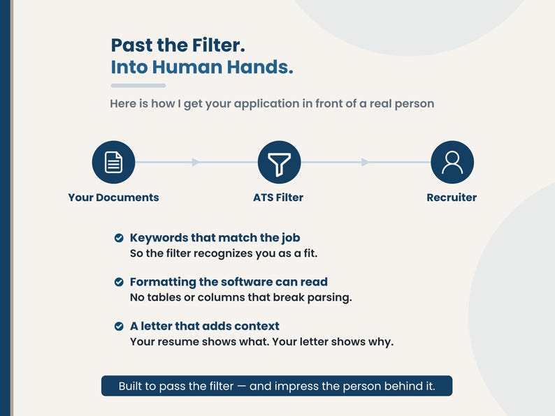 How a resume and cover letter get past applicant tracking systems: job keywords, ATS-readable formatting, and a cover letter that explains the why behind your experience.