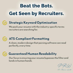 May include: An image with the text "Beat the Bots. Get Seen by Recruiters." and bullet points outlining resume services. Features "Strategic Keyword Optimization," "ATS-Compliant Formatting," and "Guaranteed Human Readability."
