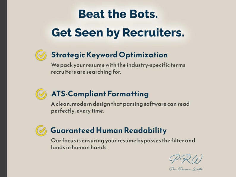 May include: An image with the text "Beat the Bots. Get Seen by Recruiters." and bullet points outlining resume services. Features "Strategic Keyword Optimization," "ATS-Compliant Formatting," and "Guaranteed Human Readability."