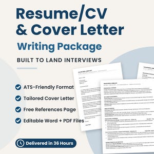 Resume and cover letter writing package cover showing a matching resume, cover letter, and references page, with ATS-friendly format, editable Word and PDF files, and 36-hour delivery.