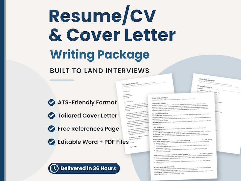 Resume and cover letter writing package cover showing a matching resume, cover letter, and references page, with ATS-friendly format, editable Word and PDF files, and 36-hour delivery.
