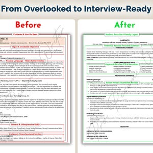May include: A before-and-after comparison of a resume, showing a transformation from a cluttered, hard-to-read format to a modern, recruiter-friendly layout. The image highlights the improvement in presentation, with the text emphasizing the change.