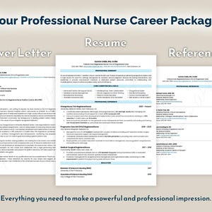 May include: A professional nurse career package with a cover letter, resume, and references. The documents are displayed on a light beige background. Text includes "Your Professional Nurse Career Package" and "Everything you need to make a powerful and professional impression."