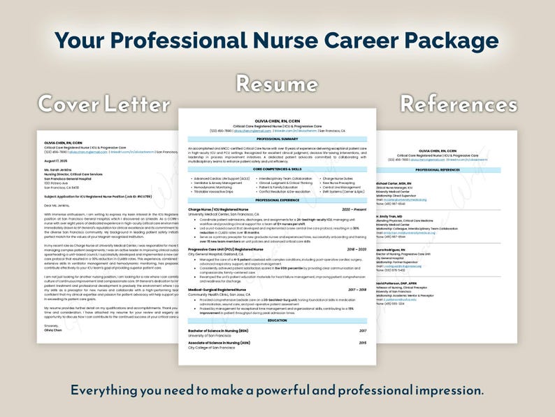 May include: A professional nurse career package with a cover letter, resume, and references. The documents are displayed on a light beige background. Text includes "Your Professional Nurse Career Package" and "Everything you need to make a powerful and professional impression."