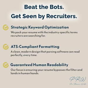 May include: A graphic with the text "Beat the Bots. Get Seen by Recruiters." and bullet points describing resume services. Includes "Strategic Keyword Optimization," "ATS-Compliant Formatting," and "Guaranteed Human Readability."