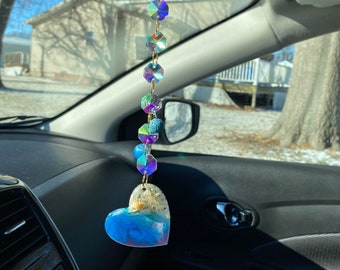 Beach Car Charm brings warm beach memories on the road with you! Rear view mirror hanging ocean art.