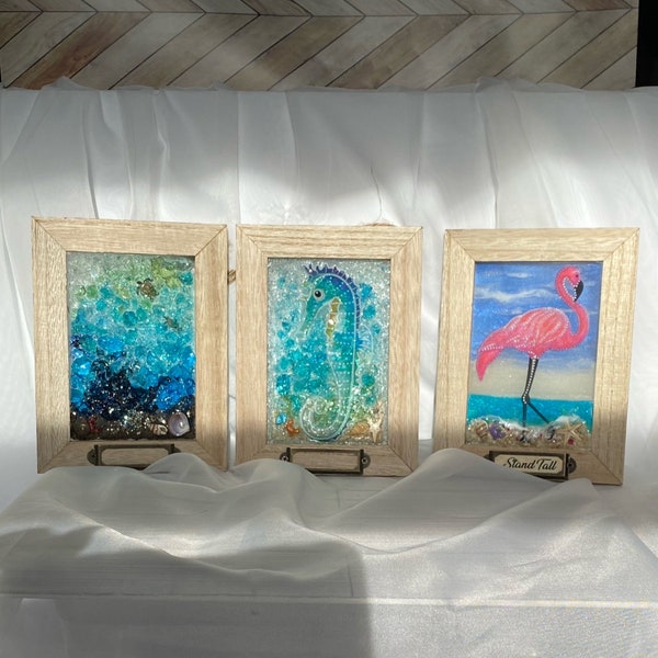 Sunken Treasure, Seahorse or Flamingo! Framed stained glass style resin window art. Beach themed ocean suncatcher or coastal decor.