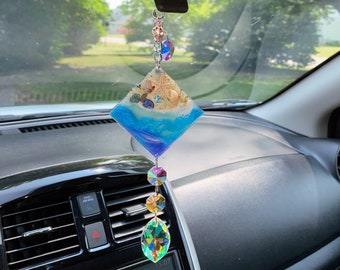 Beach Car Charm sparkles rainbows in the sunshine. Rear view mirror hanging ocean art.