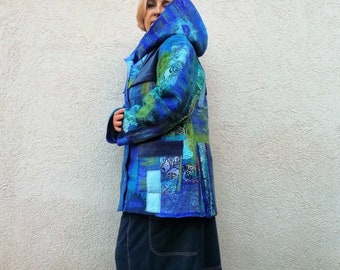 Felted jacket,woolen jacket,warm autumn winter jacket,coat with pockets,hooded coat,blue,turquoise,green,gift to yourself,oversize