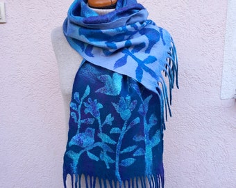 Nuno Felted scarf, felted shawl, woman scarf, merino wool, silk, felting art, turquoise, blue, blue bird, gift for her, christmas present