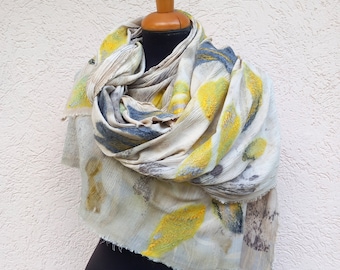 Summer cotton shawl, ecoprint scarf, nuno felting shawl, beach shawl, mediumprint scarf, plant coloring, gift for her, gray , blue, yellow