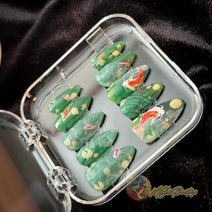 3D Koi Fish Press On Nails, Pond & Fish Nail Design, Botanical Press On, Handmade Long Nails For Vacay, Japanese Koi Nail Art Press On Nails