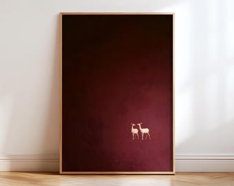 Minimalist Deer Wall Art, Two White Deer Poster, Burgundy Red Animal Print, Moody Dark Aesthetic, Cosy Bedroom Living Room Decor