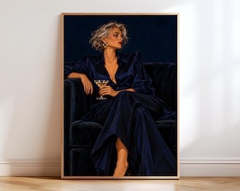Navy Blue Woman with Martini Wall Art, Elegant Fashion Portrait Poster, Glamorous Cocktail Print, Lounge Bar Decor, Silver Hair Painting