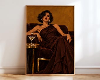 Elegant Woman Martini Wall Art, Brown Gold Fashion Portrait Poster, Art Deco Glamour Print, Cocktail Bar Decor, Living Room Oil Painting