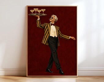 May include: A framed wall art print featuring a person with a mustache and sunglasses wearing a yellow and black striped blazer, a cream vest, a maroon bowtie, and black trousers, holding a silver tray with four stemmed glasses aloft.